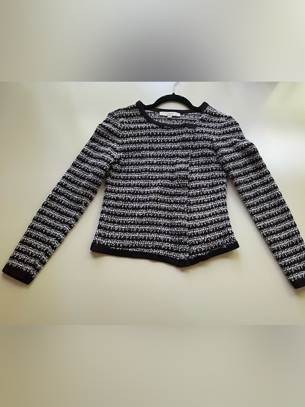 Loft Full Zip Cardigan Women M Black Striped Knit Long Sleeve Round Neck Cotton